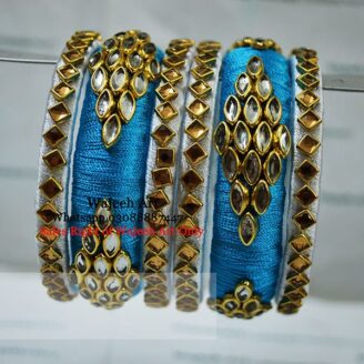 KBangle71 White & Sky Blue Kundan Bangle Set