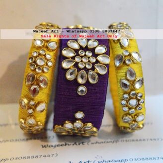 KBangle75 3pcs of Yellow and Purple Kundan Bangle Set