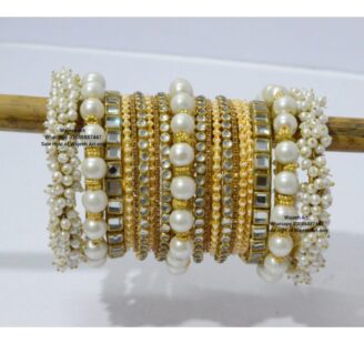 kBangle187 Golden & White Pearls Kundan Bangle Set