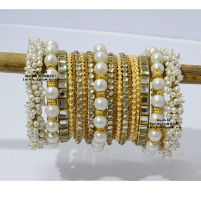 kBangle187 Golden & White Pearls Kundan Bangle Set