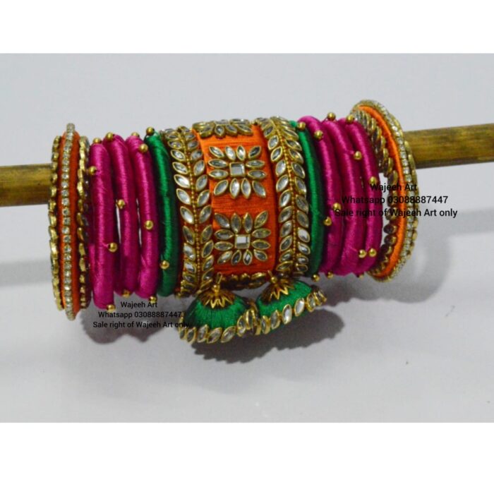 kBangle191 Pink, Green & Orange Kundan Bangle Set