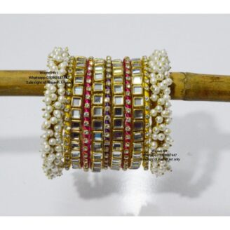 kBangle193 Golden Kundan Bangle Set With Pearls