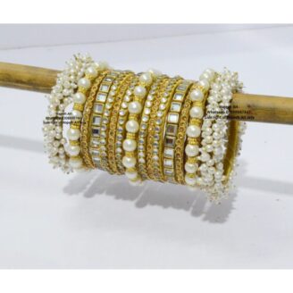 kBangle195 White & Golden Pearl Kundan Bangle Set