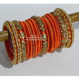Kbangle209 Orange Kundan Bangle Set with Embellishment
