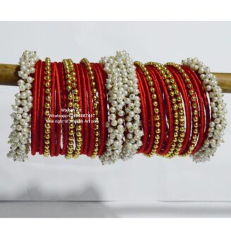 Kbangle213 2 sets of Red Kundan Bangles with Pearls Karas