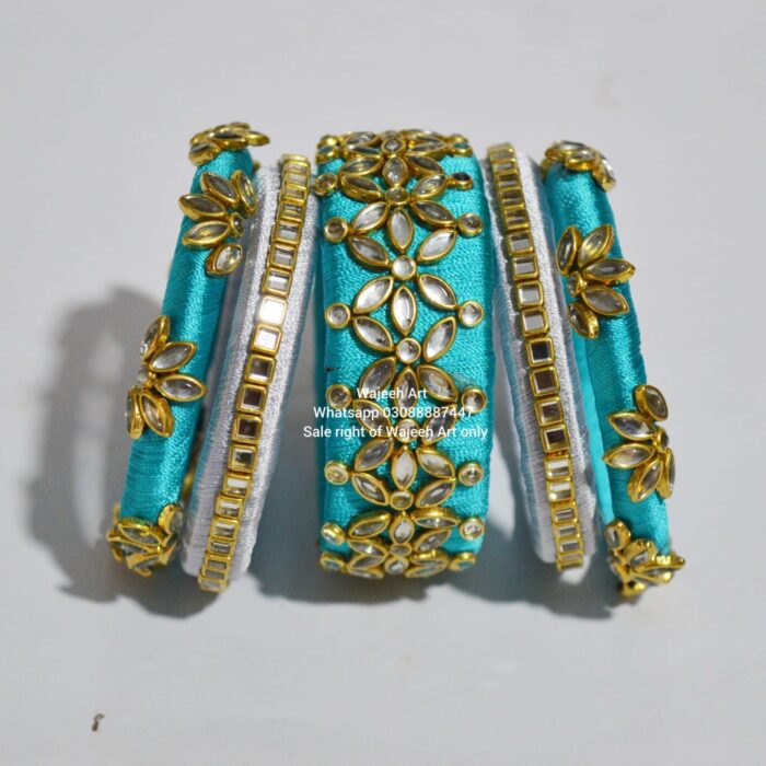 Kbangle216 Skyblue and Silver Kundan Bangle Set