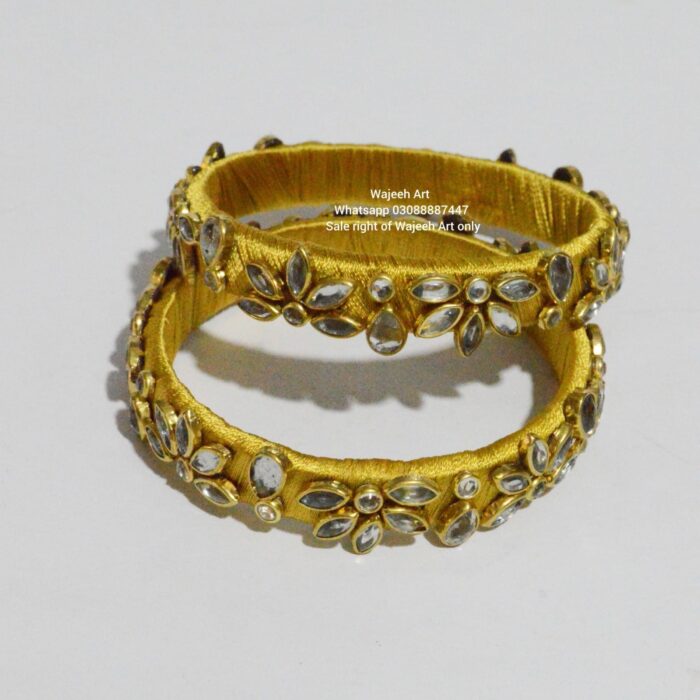Kbangle218 Pair of Yellow Kundan Bangles