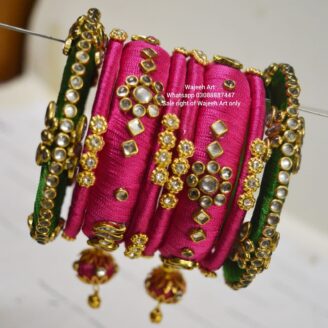 Kbangle220 Pink and Green Kundan Bangle Set