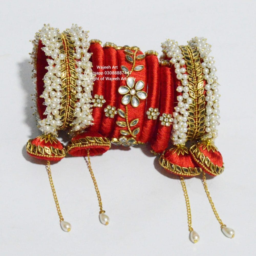 Kbangle222 Orange Kundan Bangle Set with Pearl Karas