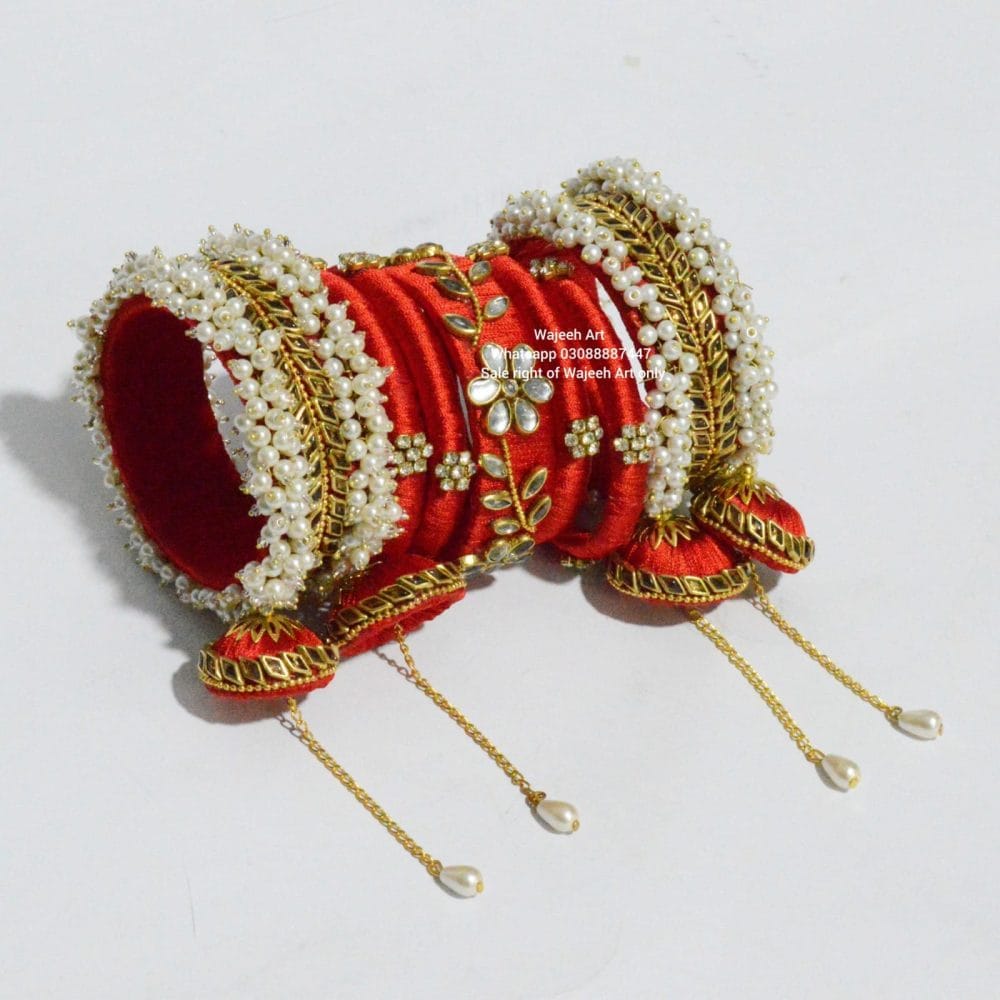 Kbangle222 Orange Kundan Bangle Set with Pearl Karas - Image 2