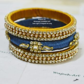 Kbangle224 3pcs Blue & Golden Kundan Bangle Set