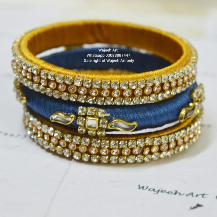 Kbangle224 3pcs Blue & Golden Kundan Bangle Set