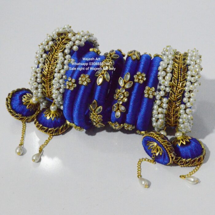 kBangle226 Blue Kundan Bangle Set with Pearls