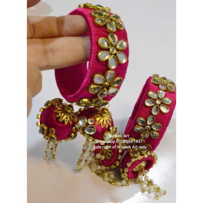 kBangle228 Pair of Pink Kundan Bangle Set With Tassels