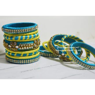 kBangle243 (1 set) 9pcs Lime and Sky blue Kundan Bangle