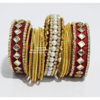 kBangle246 Golden & Red Kundan Bangle Set With Pearls