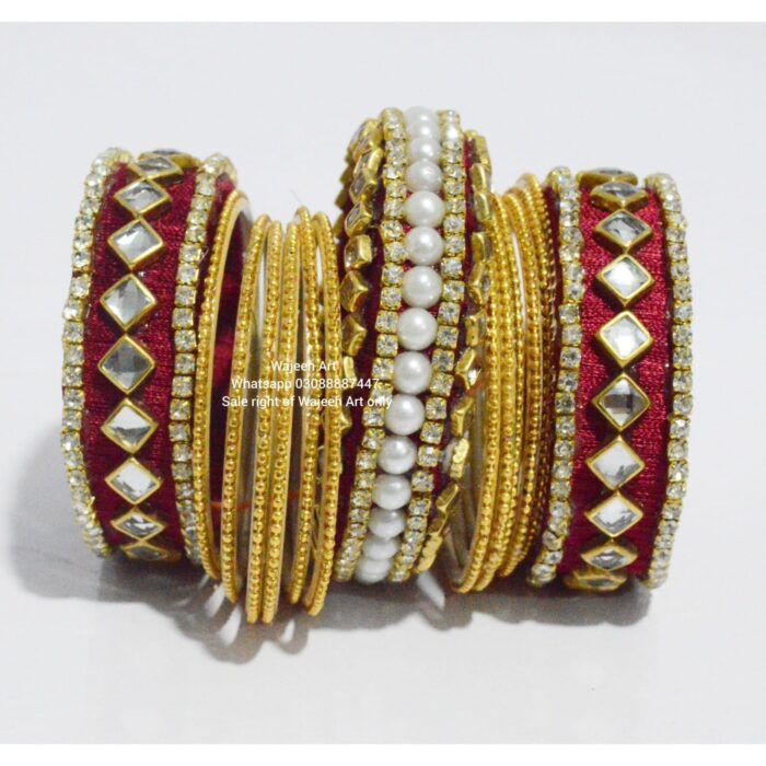 kBangle246 Golden & Red Kundan Bangle Set With Pearls