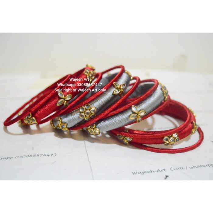 kBangle273 Red and Silver Kundan Bangle Set