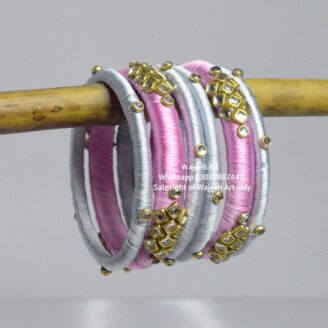 kBangle259 6pcs Silver and Baby Pink Kundan Bangles