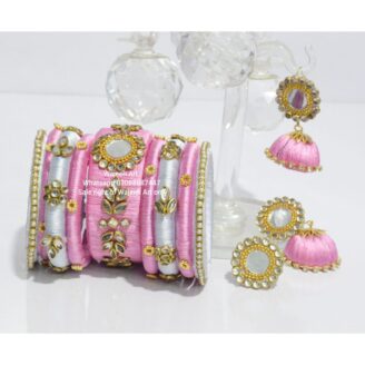 kBangle263 Baby Pink & Silver Kundan Bangle Set With Tassels