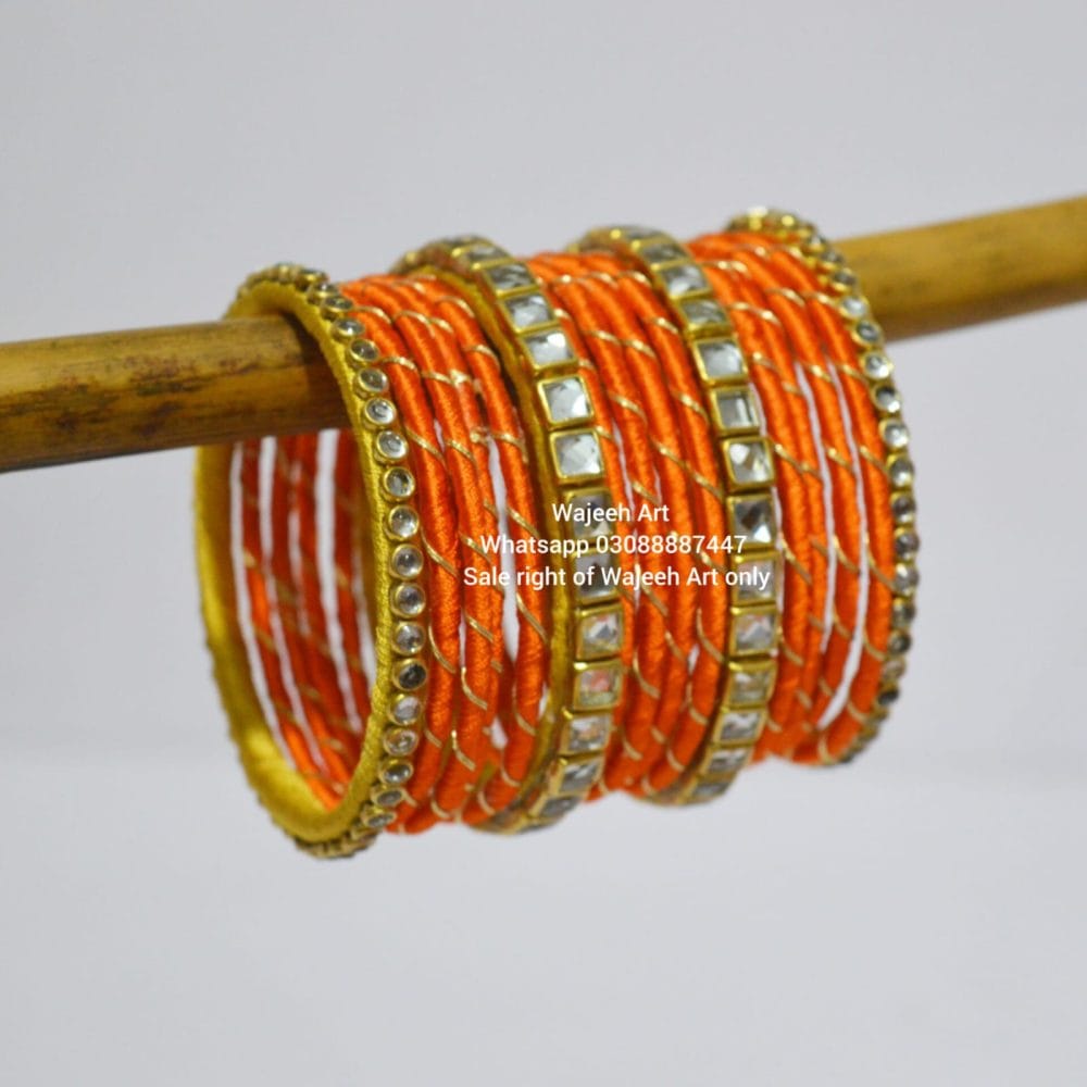 kBangle266 Orange & Gold Kundan Bangle Set - Image 3