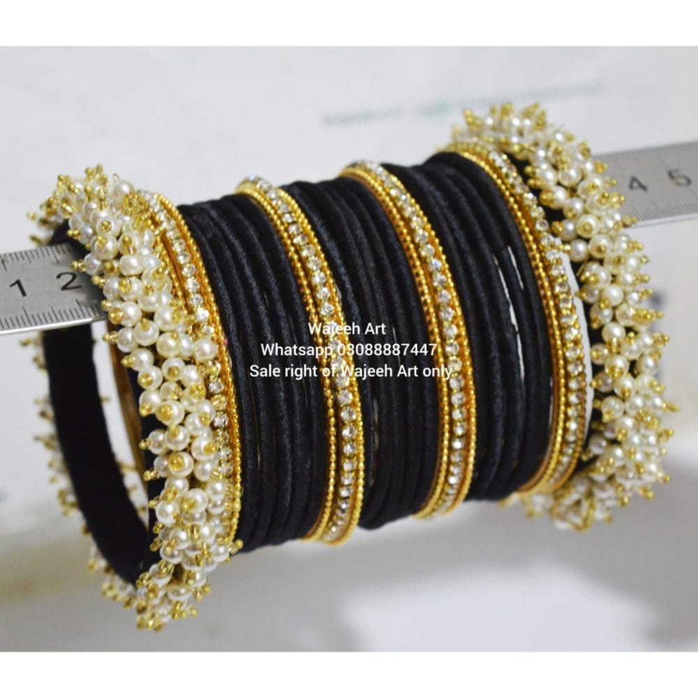 kBangle268 Black & Golden Bangle Set With Pearls - Image 2