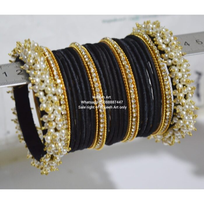 kBangle268 Black & Golden Bangle Set With Pearls