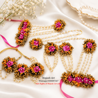FJewel06 Yellow & Pink Artificial Floral Jewellery Set Matha Patti