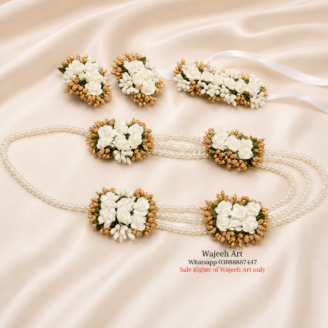 White Artificial Flower Dough Jewellery Set With Pearls