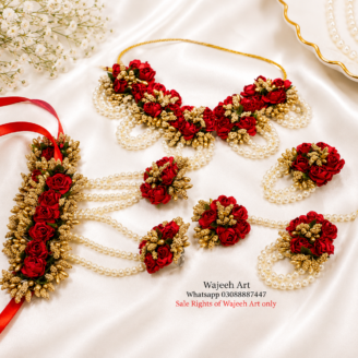 Red & Golden Artificial Dough Flower Jewellery Set With Pearls
