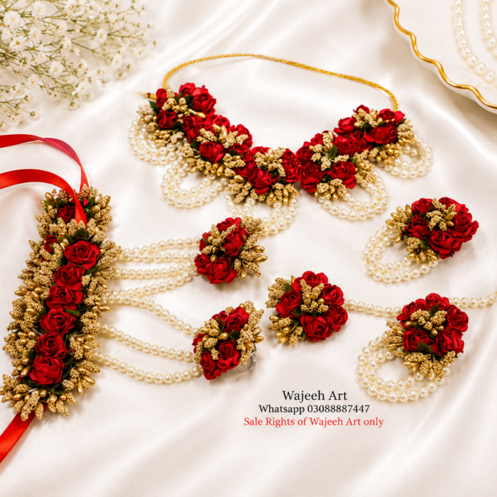 Red & Golden Artificial Dough Flower Jewellery Set With Pearls