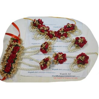 Red & Golden Artificial Flower Jewellery Set With Pearls