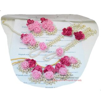 Baby Pink Artificial Flower Jewellery Set With Bindiya