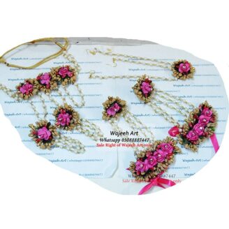 Pink & Golden Artificial Flower Jewellery Set With Bindiya
