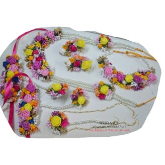 Artificial Flower Jewellery Set With Long Malaa Bindi & Angla
