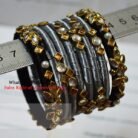 KB198 Silver & Black Kundan Bangle Set