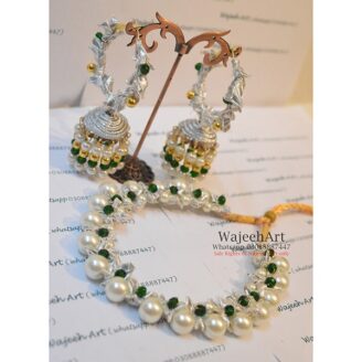 GJewel218 Silver White Gota Pearl Jumka Bali & Necklace Set