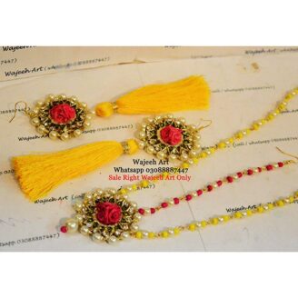 GJewel234 Yellow & Pink Gota Jewellery Earrings & Matha Patti