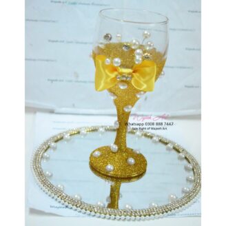 Handmade Golden GlassTray Embellished With White Pearls