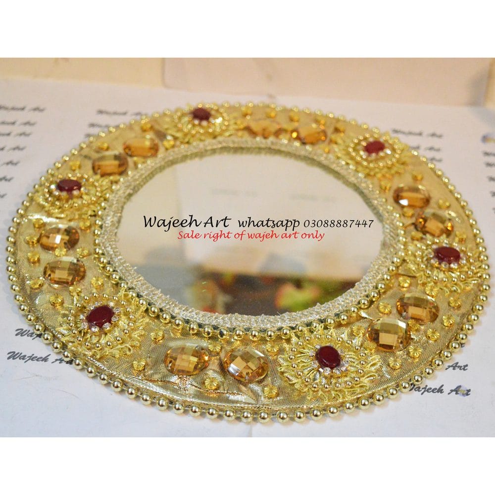 Handmade Golden GlassTray With Red Stones