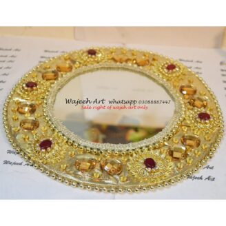 Handmade Golden GlassTray With Red Stones