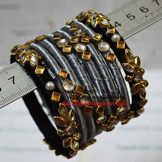 KBangle10 Gray and Black Kundan Bangle Set