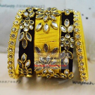 KBangle28 Yellow & Black Kundan Bangle Set