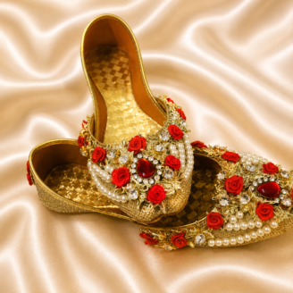 Shoe11 All Golden with Red Flower & Pearls Khussa