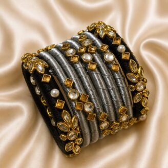 KBangle10 Gray and Black Kundan Bangle Set