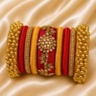 KBangle178 Golden & Red Kundan and Pearl Bangle Set