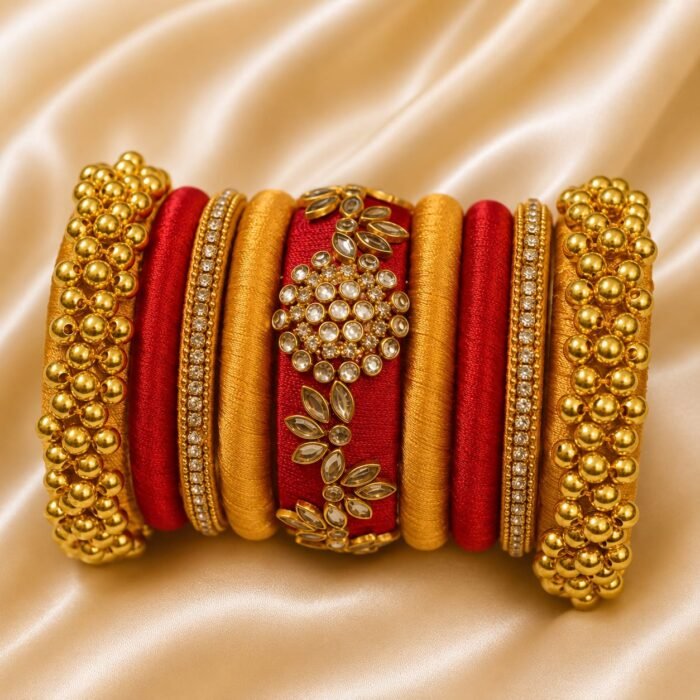KBangle178 Golden & Red Kundan and Pearl Bangle Set
