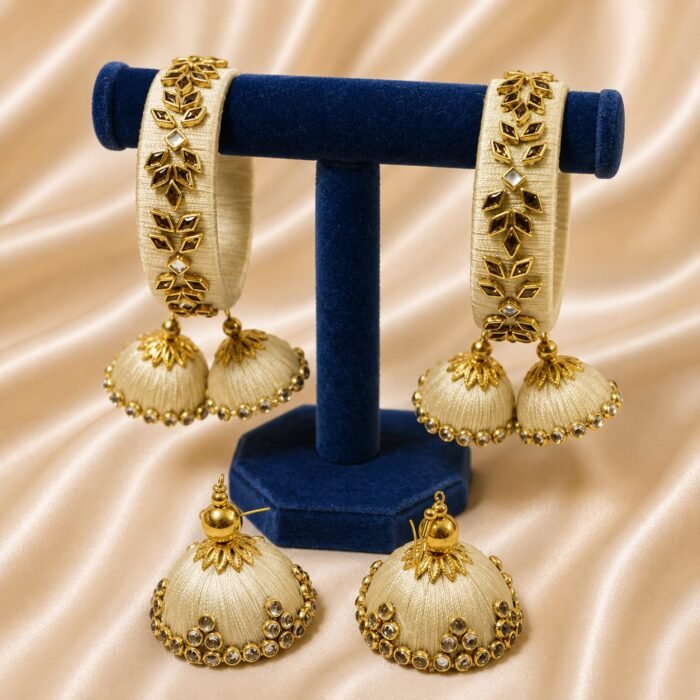 KBangle141 White Kundan Jhumka Bangle Set