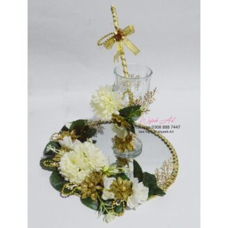 Handmade White Floral Green Leaves Dhoodh Pilai GlassTray