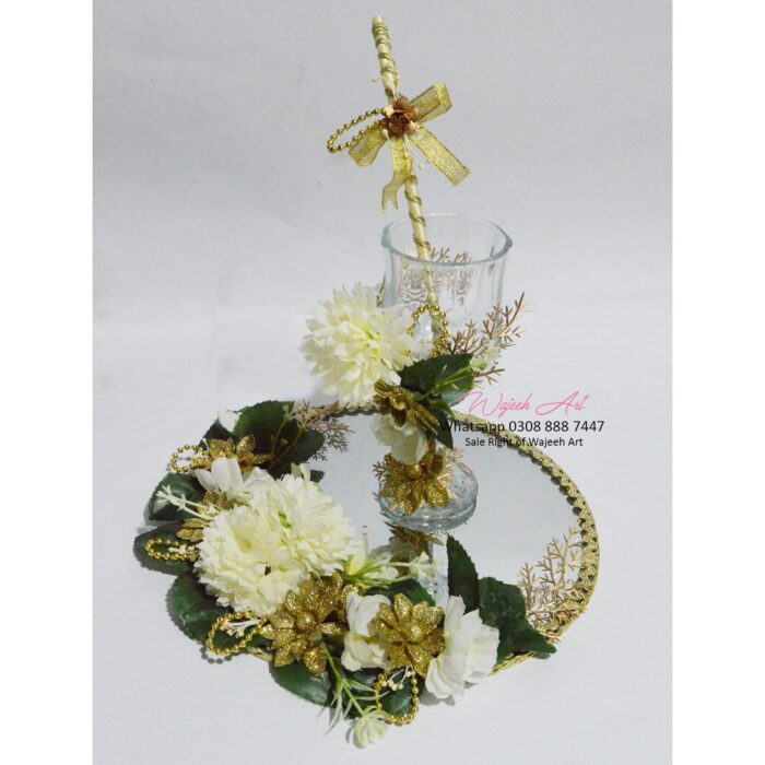 GlassTray43 Handmade White Floral Green Leaves Dhoodh Pilai GlassTray